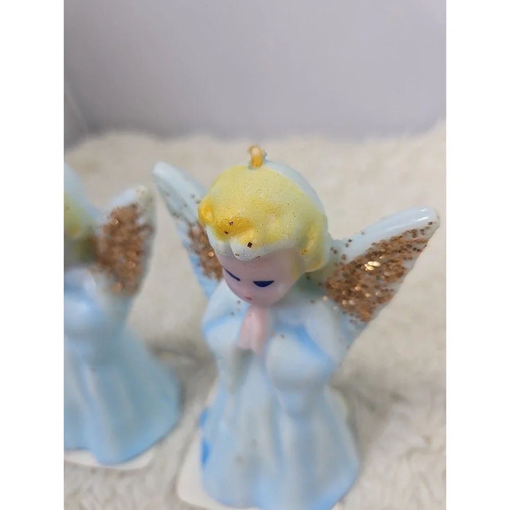 Vintage Pair of 2 Praying Angels Glitter Christmas Holiday Candle‎ 5